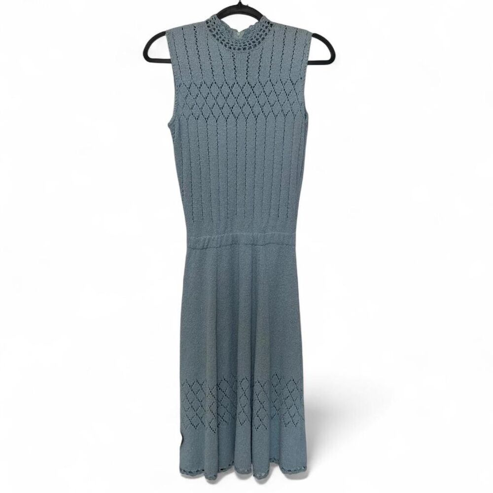 Vintage 1960s/70s Picardo Knits Ice Blue Pointelle Dress Crochet High Neck Midi